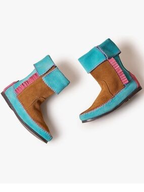 Minnetonka Brown Suede Kids Boots with Turquoise and Pink Accents